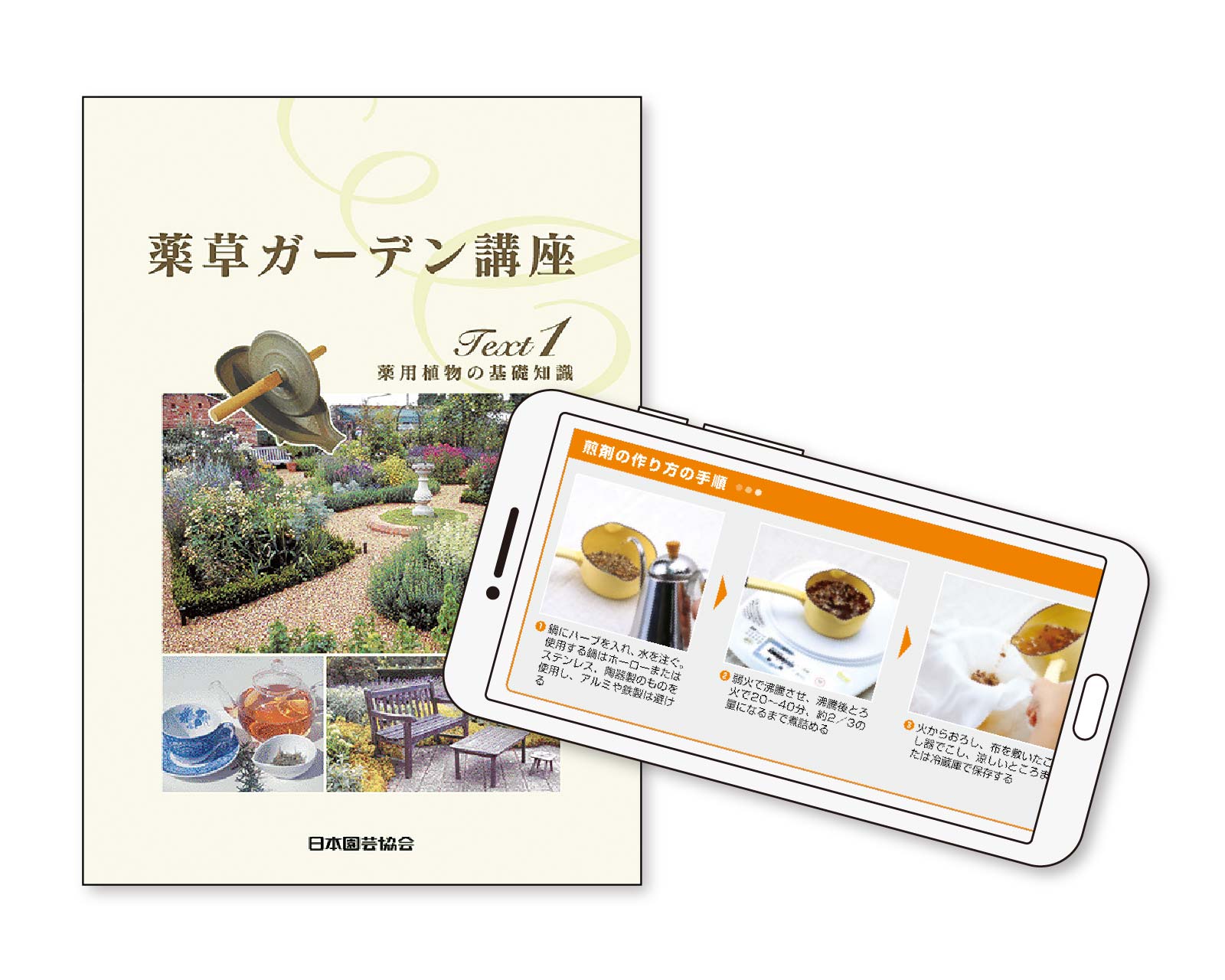 薬草ガーデン講座の教材とスマホ画面の表示例