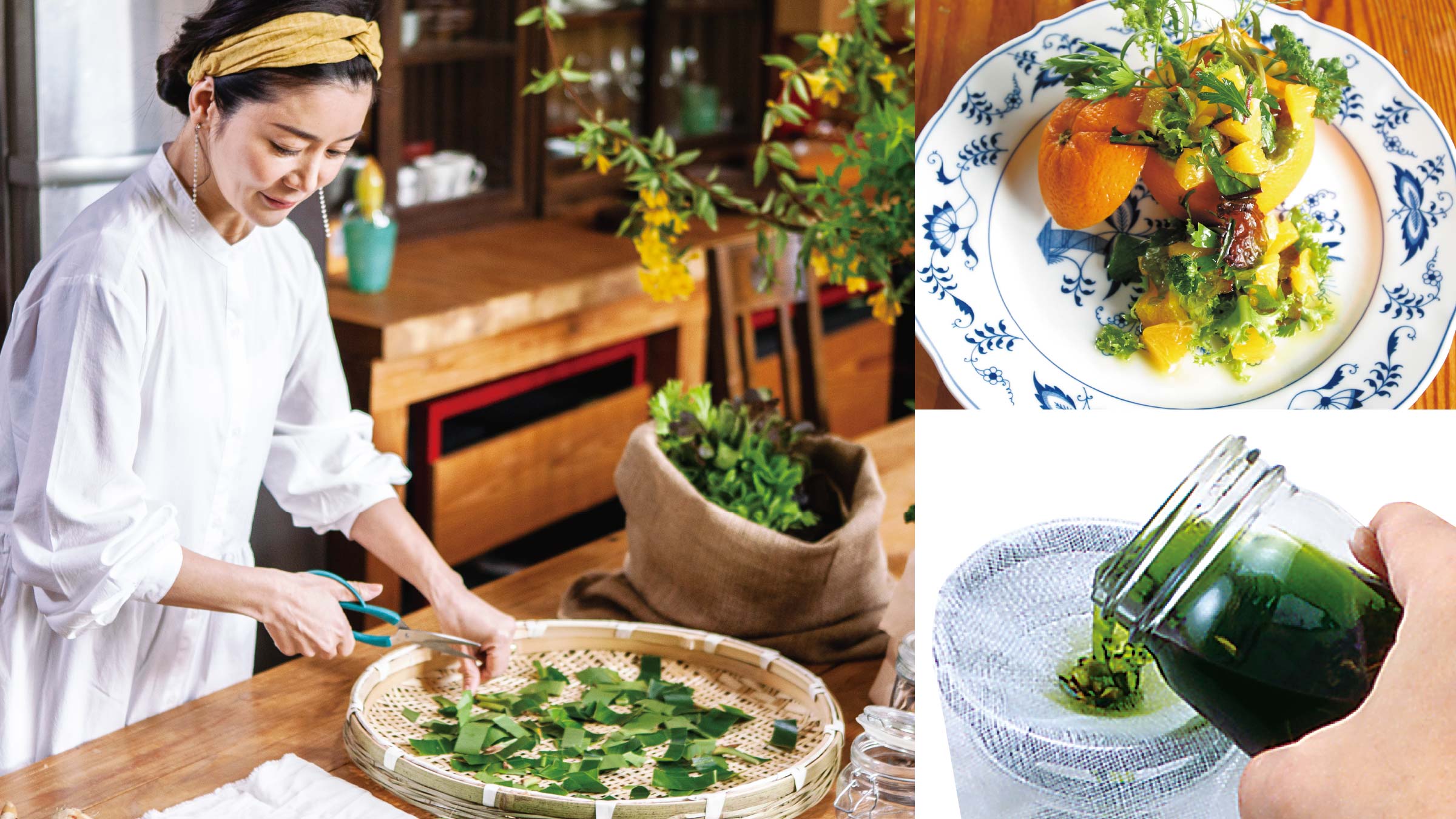 薬草を扱う女性と薬草料理と薬草チンキ