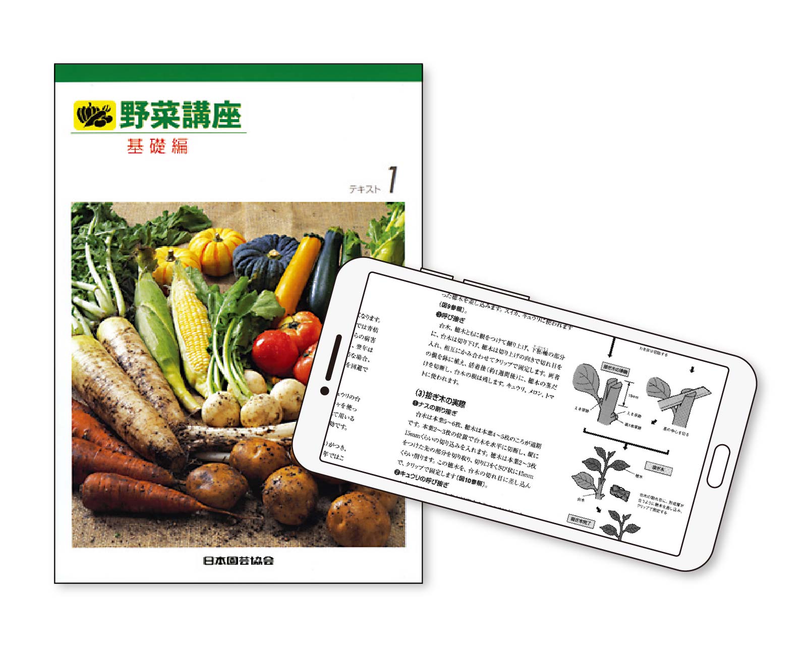野菜づくり講座の教材とスマホ画面の表示例